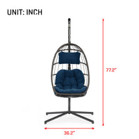 Outdoor Patio Wicker Hanging Chair Swing Chair Patio Egg Chair Uv Resistant Dark Blue Cushion Aluminum Frame Dark Grey Aluminum