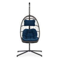 Outdoor Patio Wicker Hanging Chair Swing Chair Patio Egg Chair Uv Resistant Dark Blue Cushion Aluminum Frame Dark Grey Aluminum