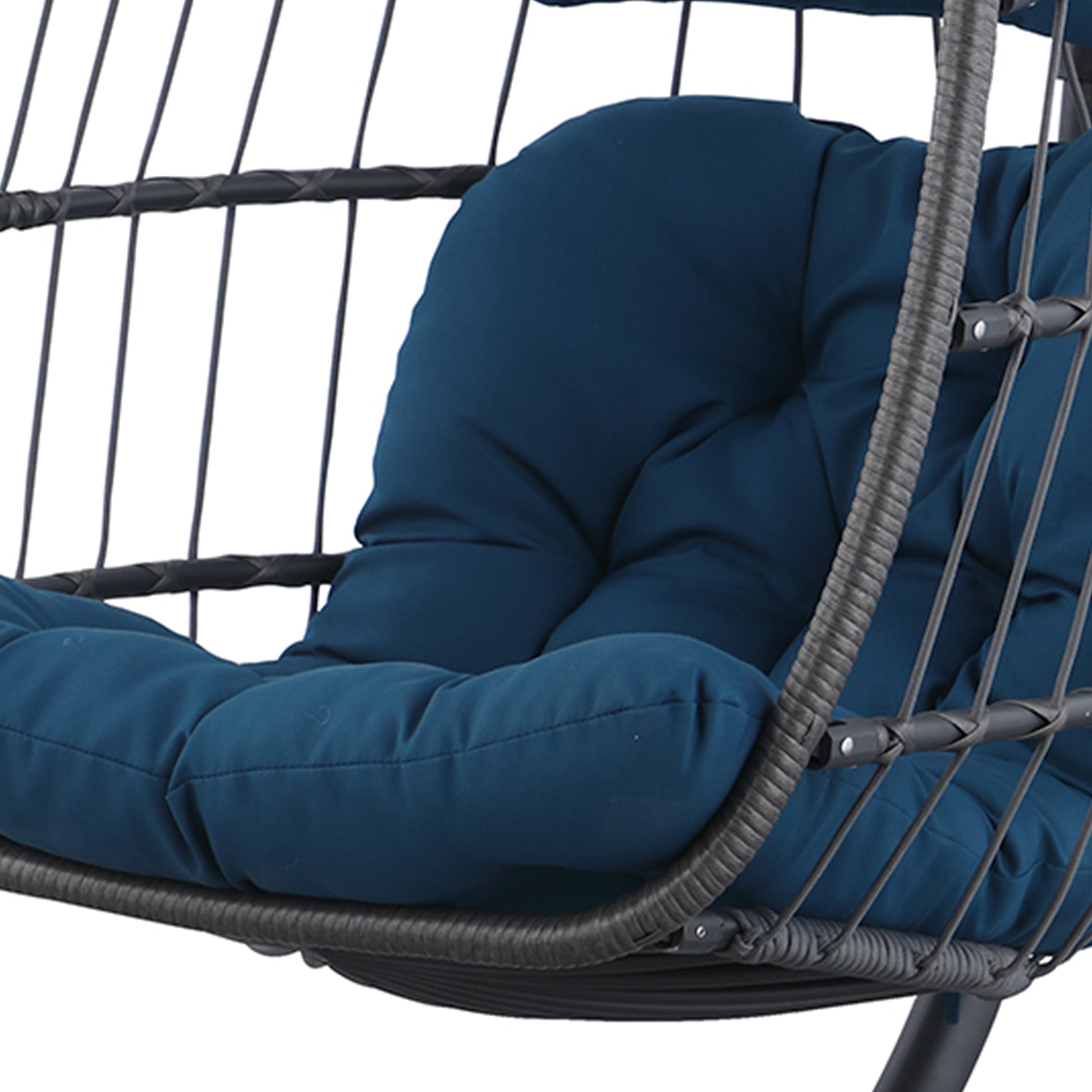 Outdoor Patio Wicker Hanging Chair Swing Chair Patio Egg Chair Uv Resistant Dark Blue Cushion Aluminum Frame Dark Grey Aluminum