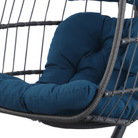 Outdoor Patio Wicker Hanging Chair Swing Chair Patio Egg Chair Uv Resistant Dark Blue Cushion Aluminum Frame Dark Grey Aluminum