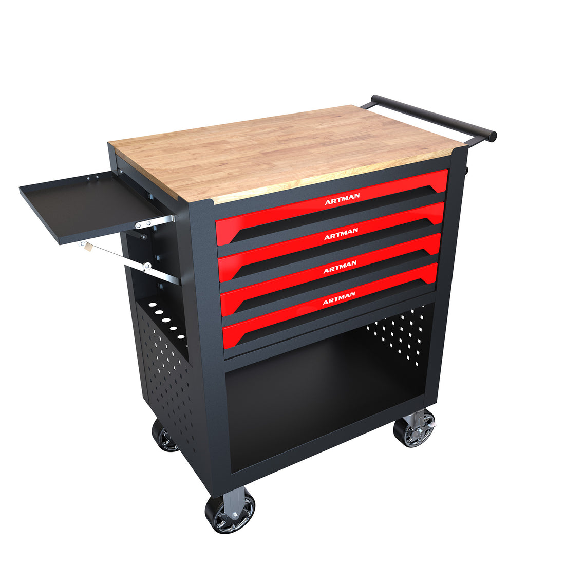 4 Drawers Multifunctional Tool Cart With Wheels And Wooden Top Black Red Metal