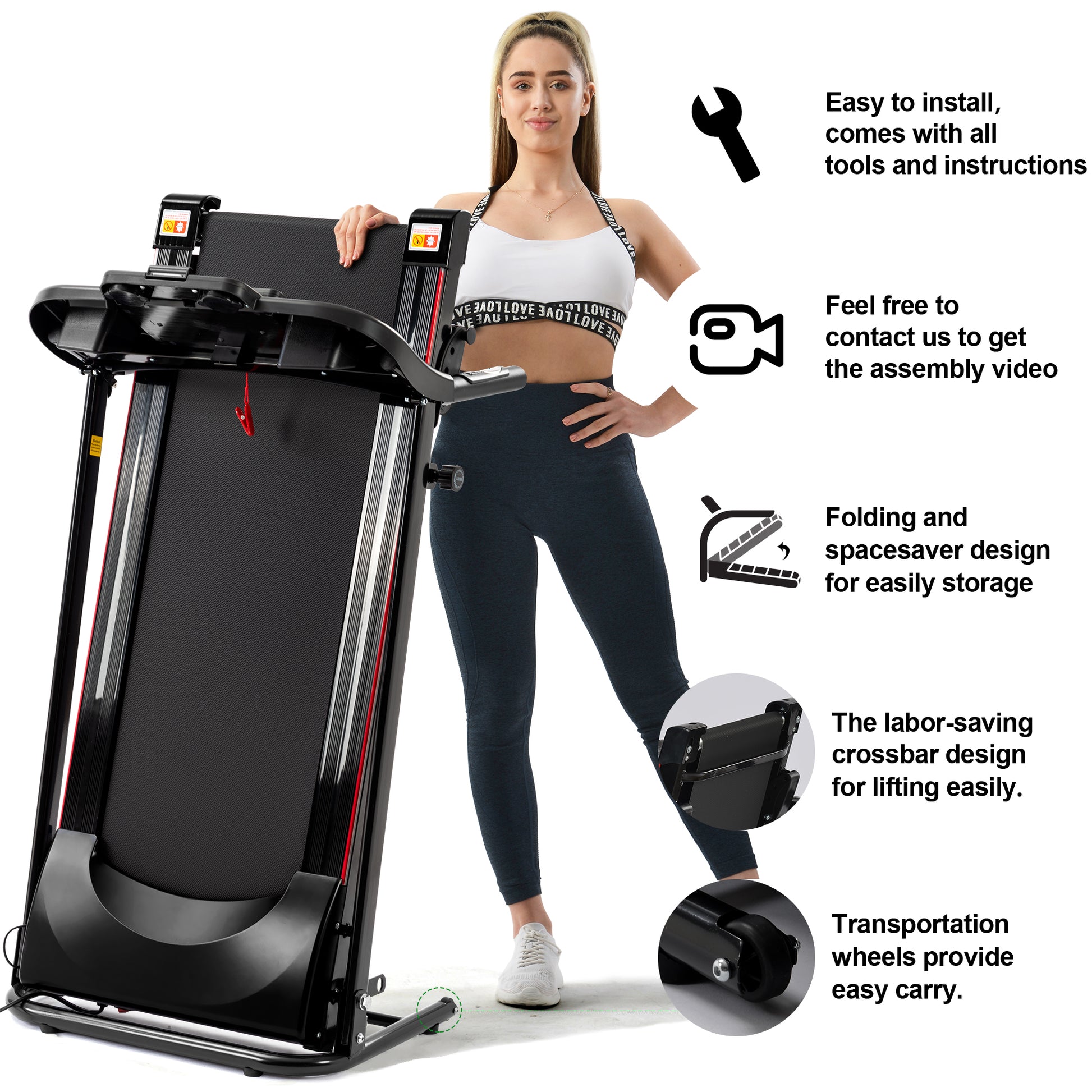 Folding Treadmill With Incline 2.5Hp 12Km H Electric Treadmill For Home Foldable, Bluetooth Music Cup Holder Heart Rate Sensor Walking Running Machine For Indoor Home Gym Exercise Fitness Black Stainless Steel