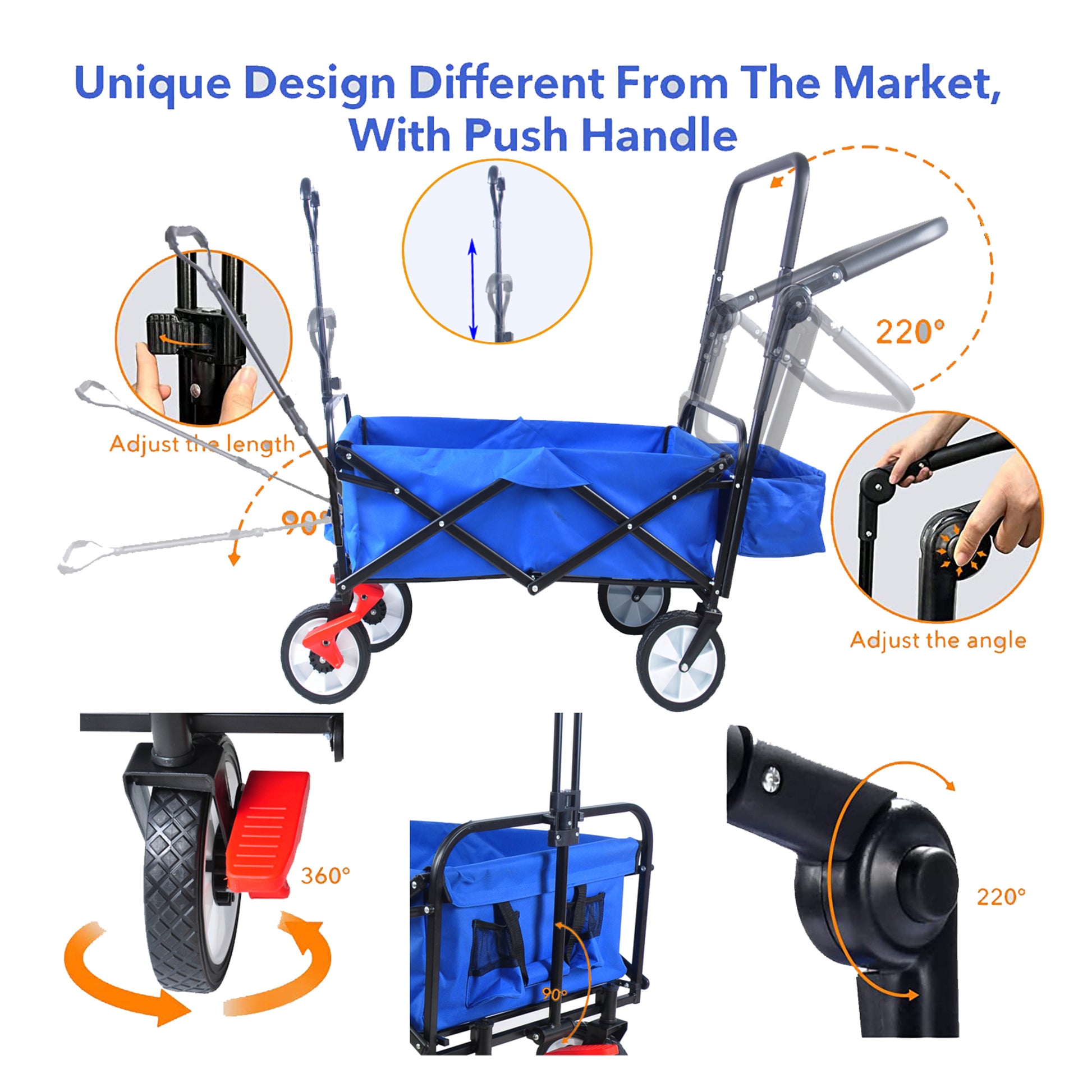 Folding Wagon Collapsible Outdoor Utility Wagon, Heavy Duty Folding Garden Portable Hand Cart, Drink Holder, Adjustable Handles Blue Steel