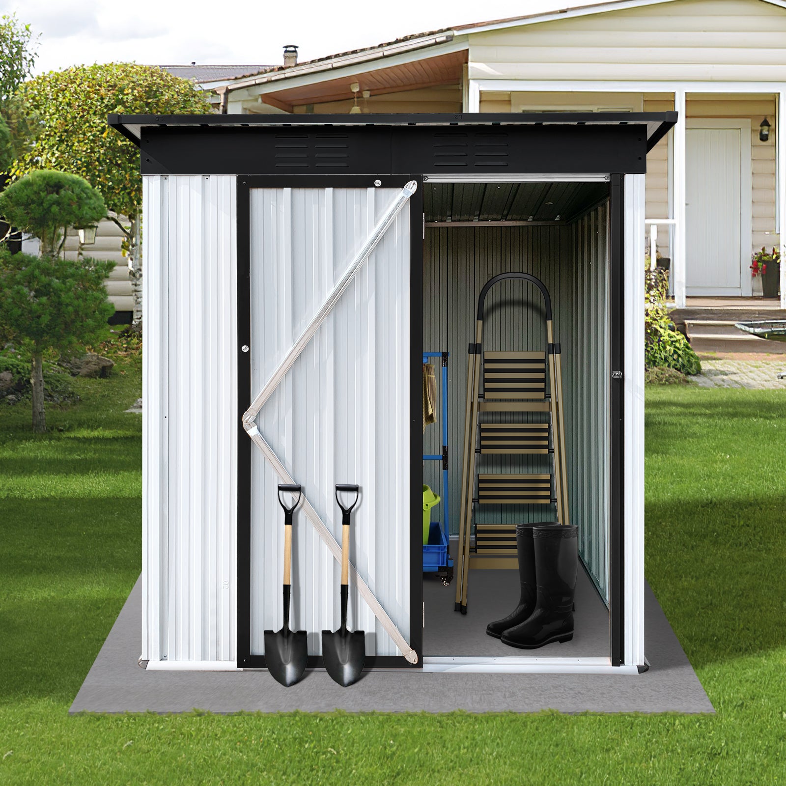 Metal Garden Sheds 5Ftx3Ft Outdoor White Black White Metal