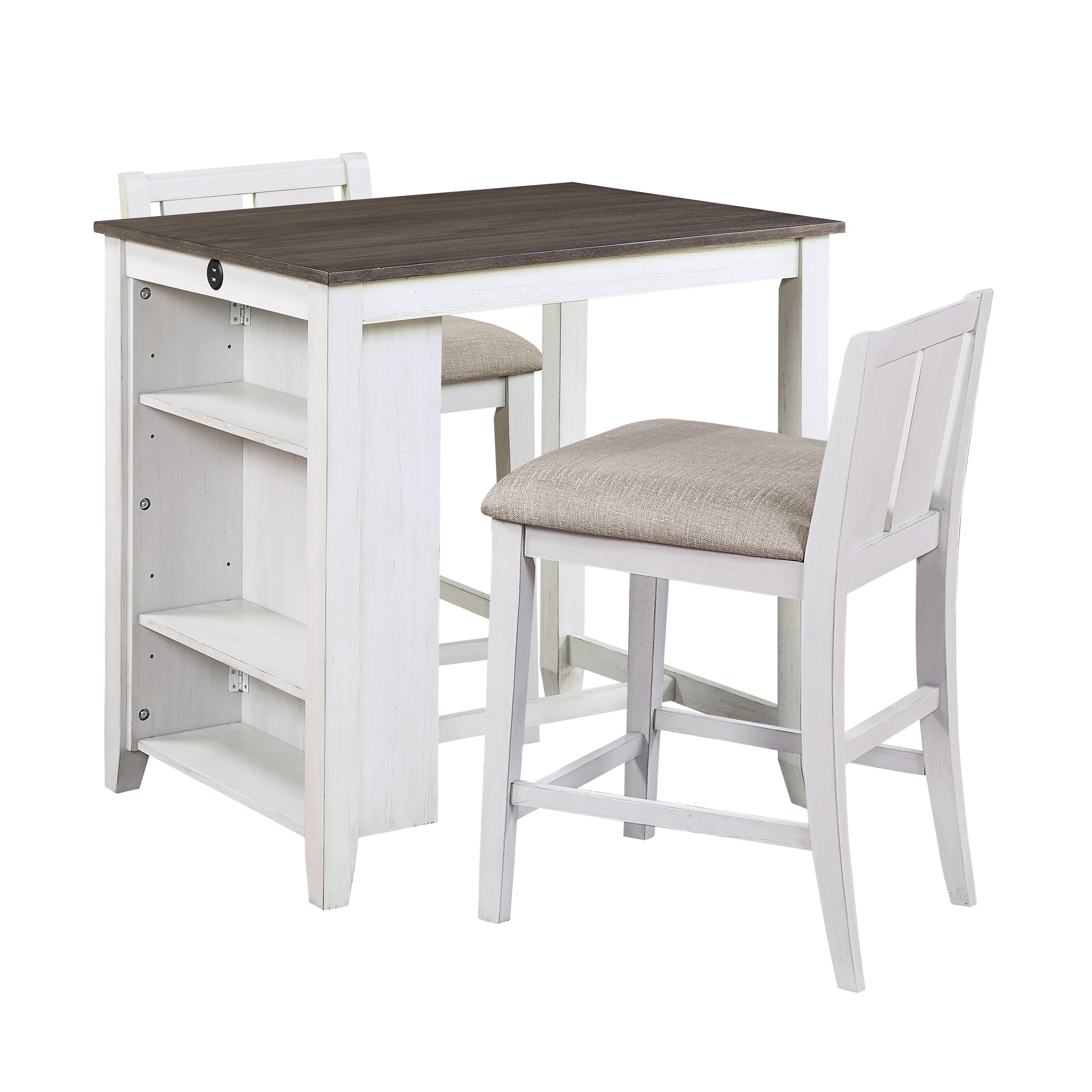 Transitional Design White And Gray Finish 3 Piece Pack Counter Height Set Table W Display Shelf Usb Ports And 2X Counter Height Chairs Fabric Upholstered Dining Furniture Wood White Seats 2 Wood