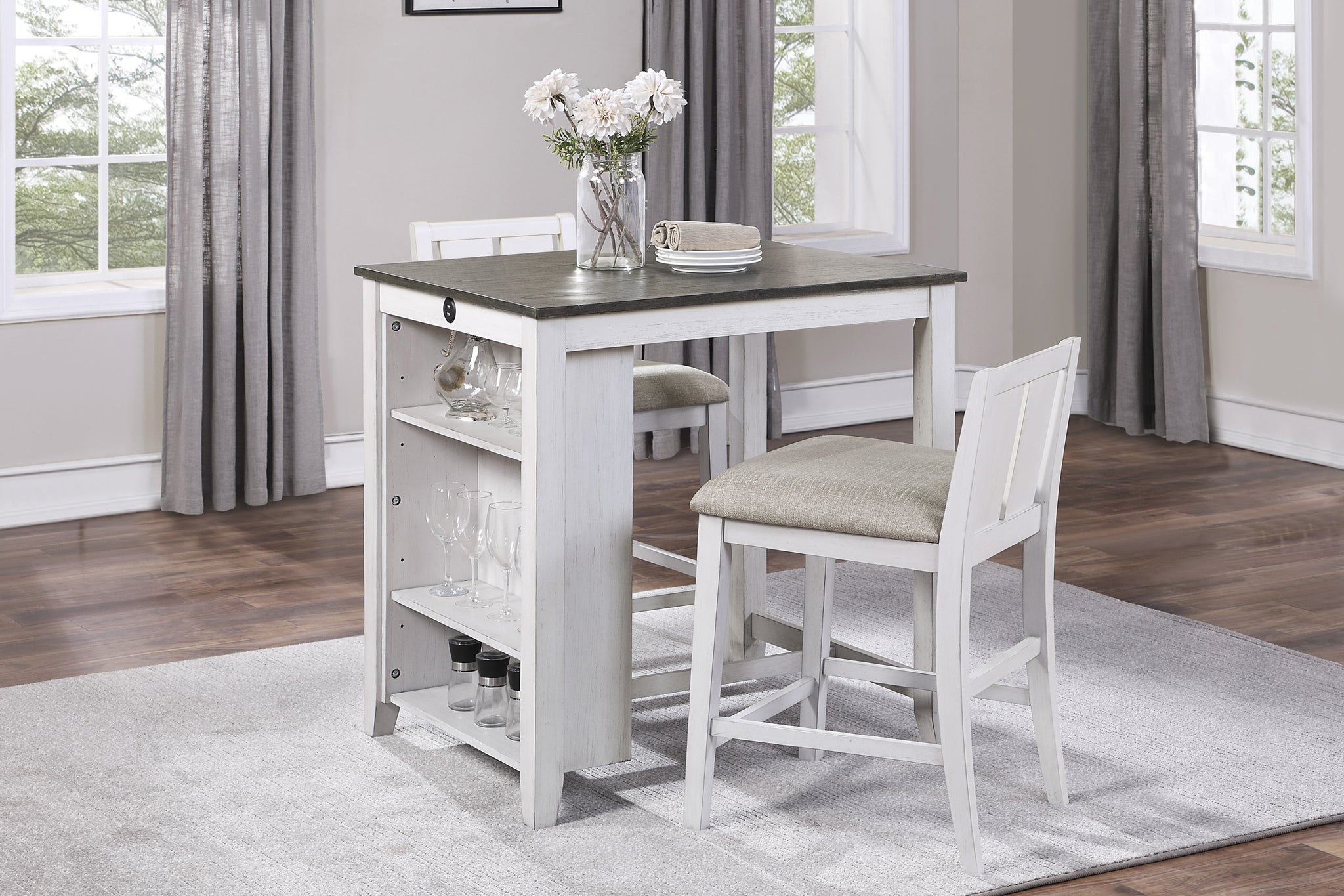 Transitional Design White And Gray Finish 3 Piece Pack Counter Height Set Table W Display Shelf Usb Ports And 2X Counter Height Chairs Fabric Upholstered Dining Furniture Wood White Seats 2 Wood