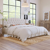 Upholstered Platform Bed With Saddle Curved Headboard And Diamond Tufted Details, King, Beige Beige Linen