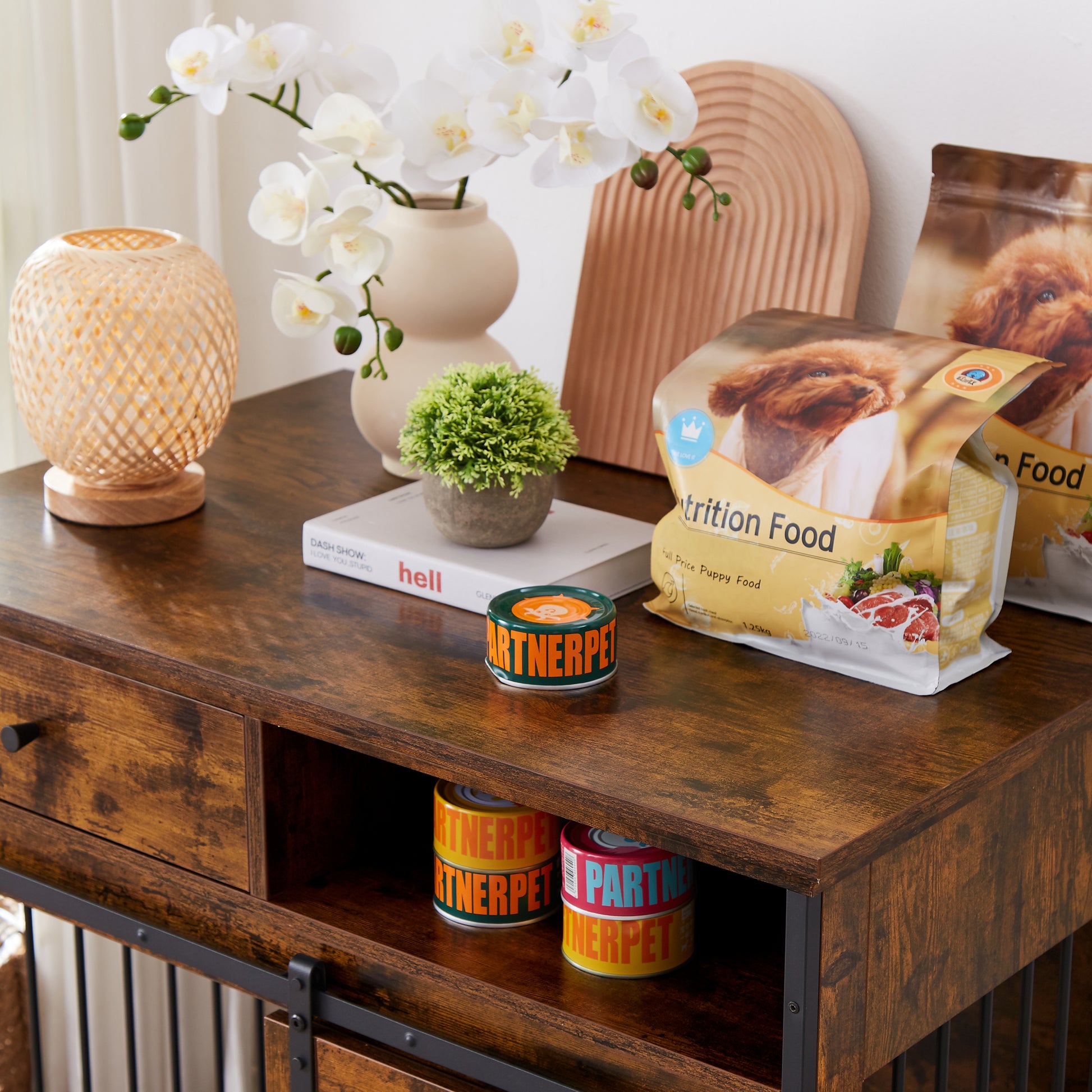 Sliding Door Dog Crate With Drawers. Rustic Brown, 35.43'' W X 23.62'' D X 33.46'' H Rustic Brown Particle Board