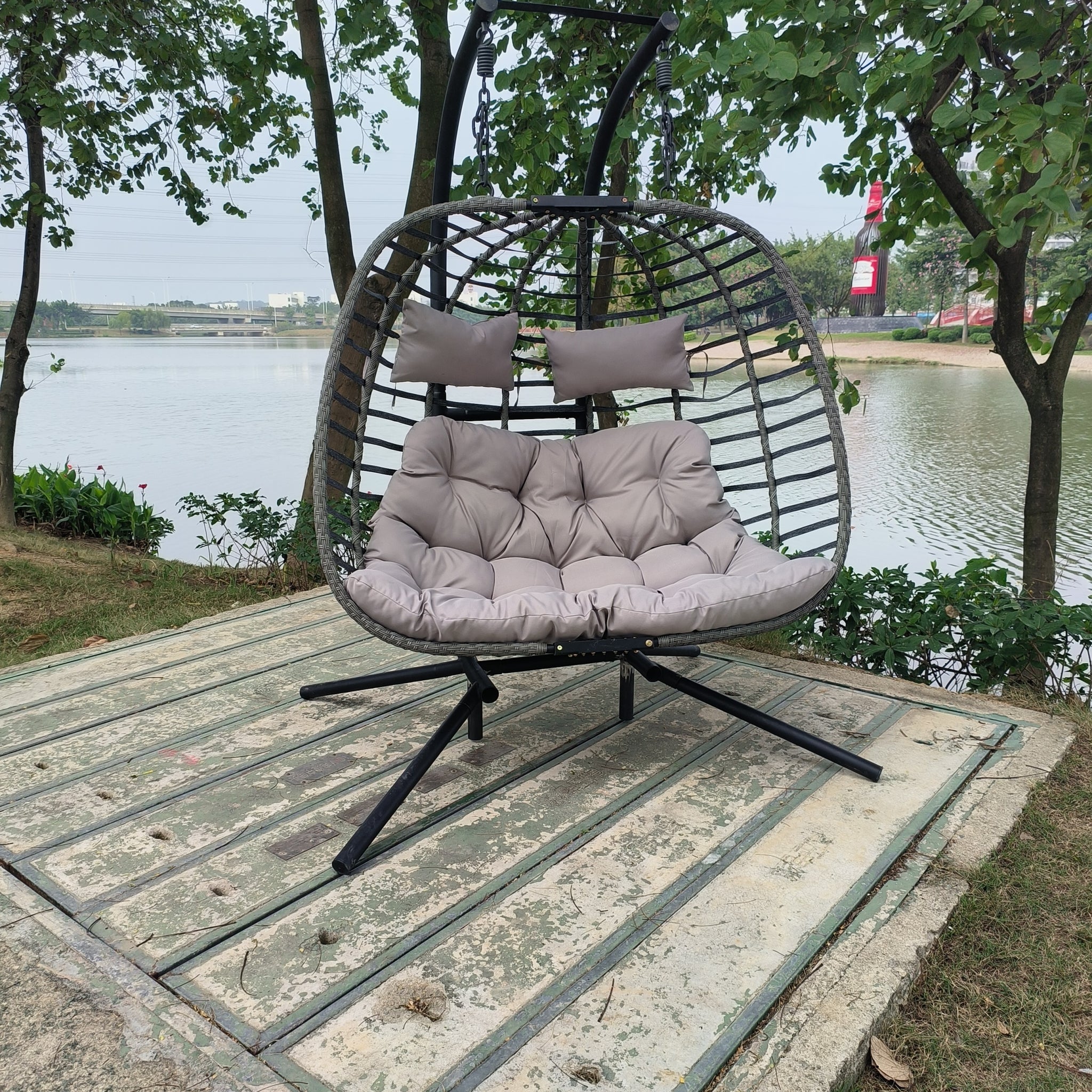 2 Person Wicker Double Swing Chair With Cushion Grey Dark Gray Steel