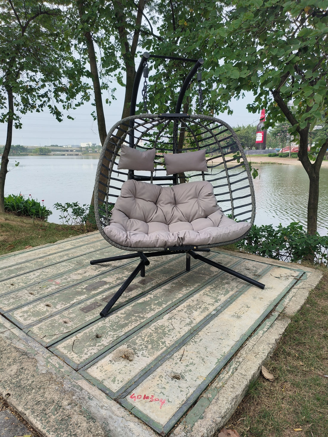 2 Person Wicker Double Swing Chair With Cushion Grey Dark Gray Steel