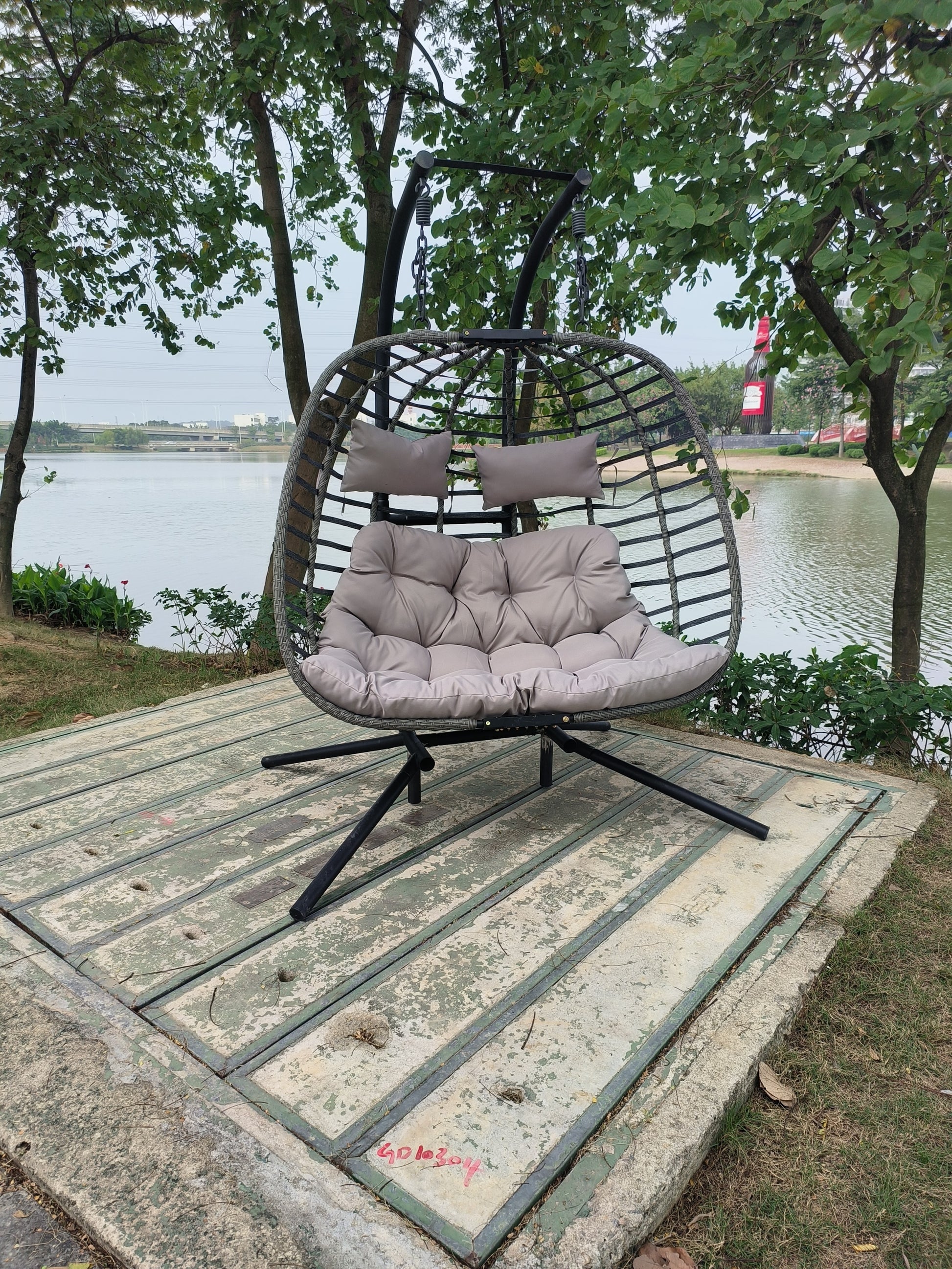 2 Person Wicker Double Swing Chair With Cushion Grey Dark Gray Steel