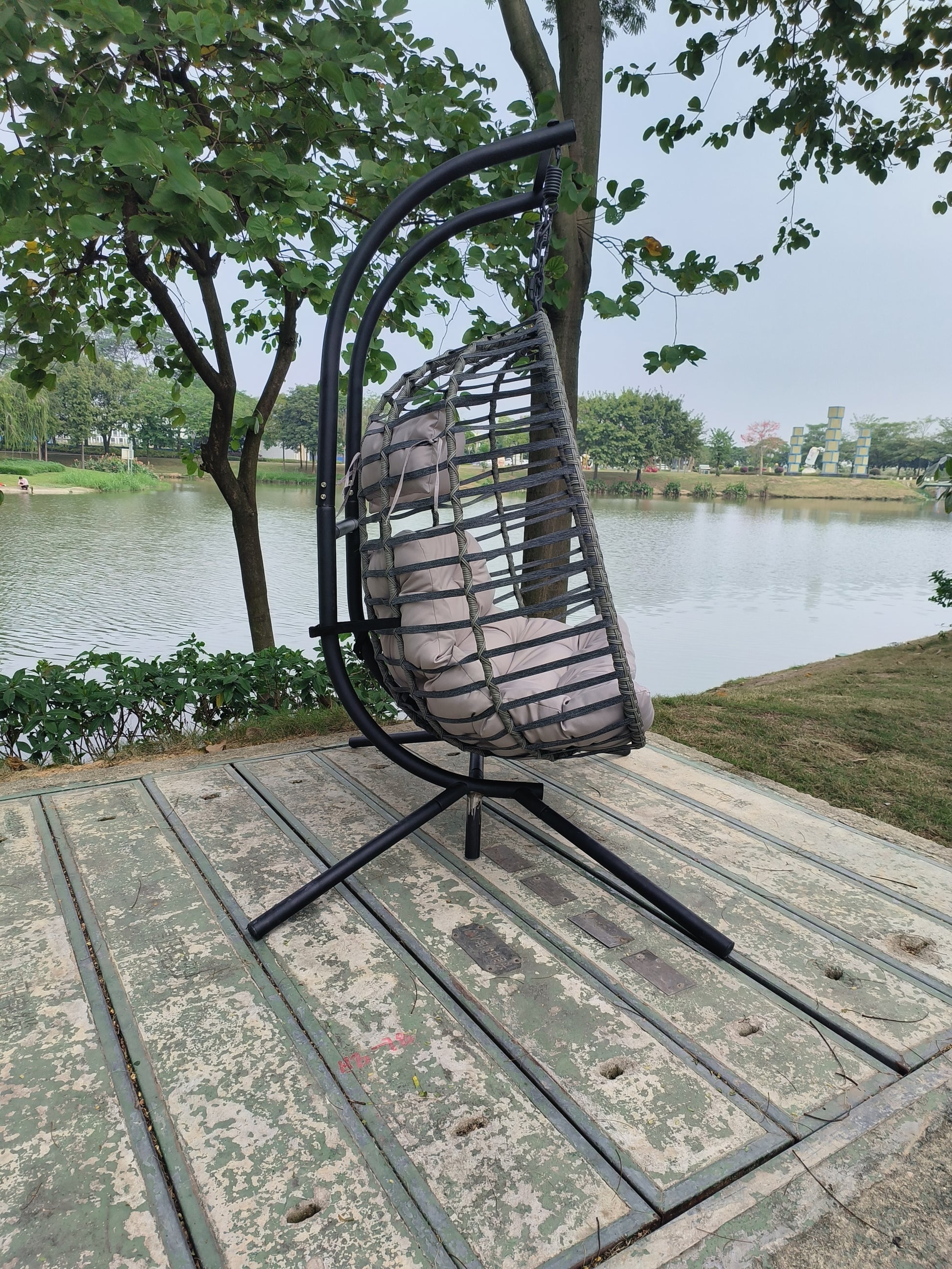 2 Person Wicker Double Swing Chair With Cushion Grey Dark Gray Steel