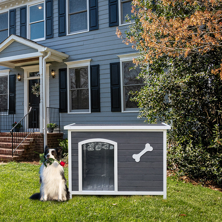 Large Wooden Dog House, Waterproof Dog Cage, Windproof And Warm Dog Kennel Easy To Assemble Gray Solid Wood