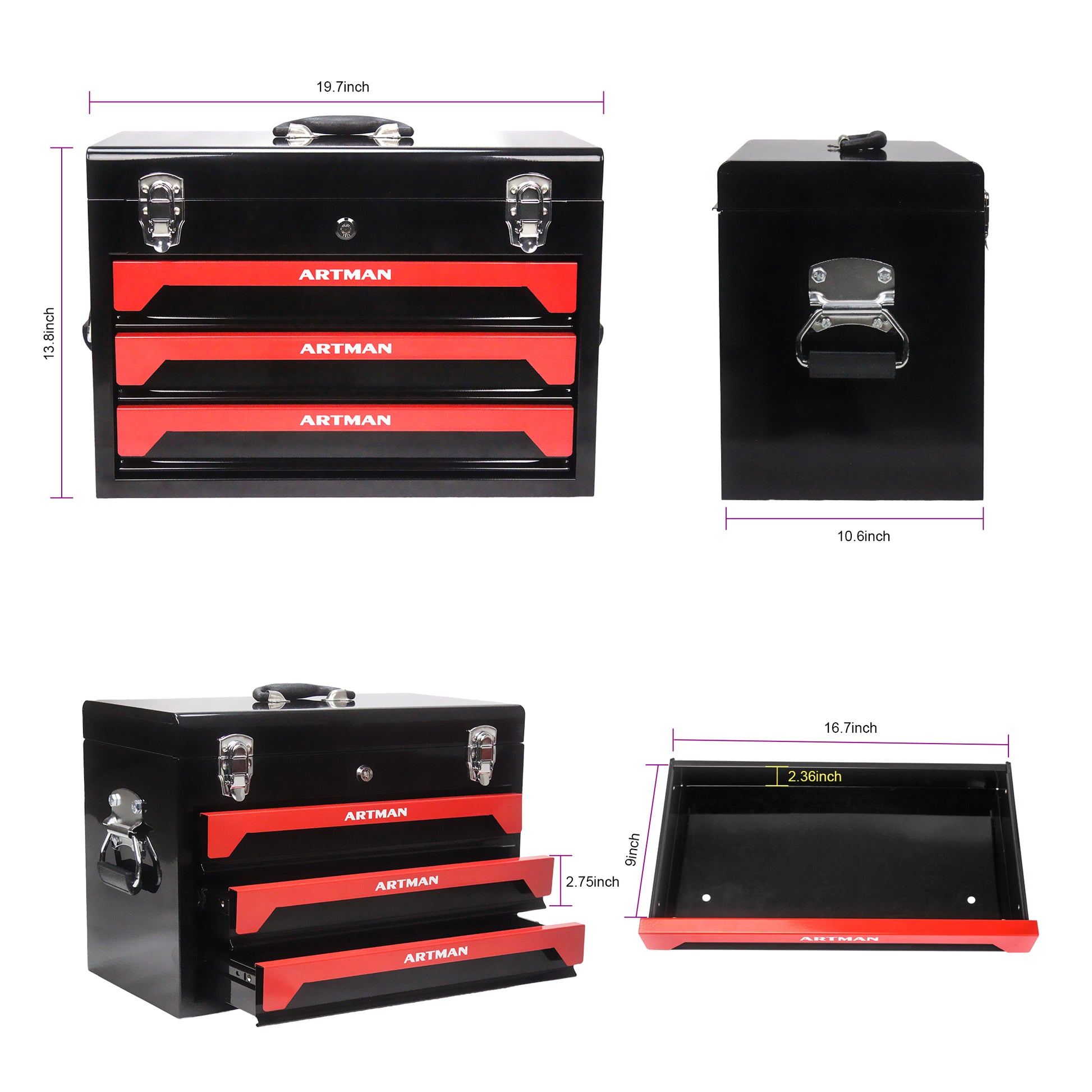 3 Drawers Tool Box With Tool Set Black Red Steel