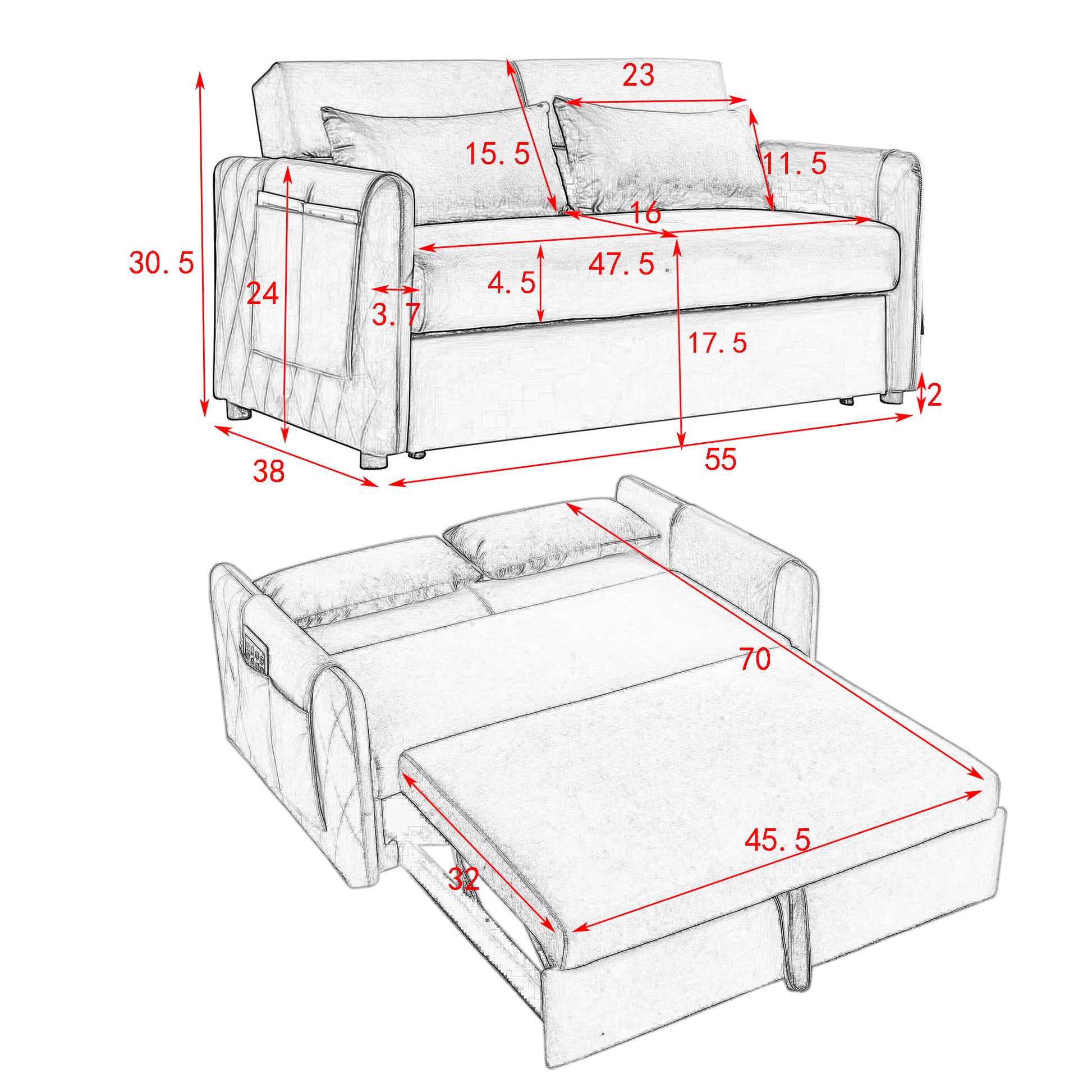 55" Modern Convertible Sofa Bed With 2 Detachable Arm Pockets, Velvet Loveseat Sofa With Pull Out Bed, 2 Pillows And Living Room Adjustable Backrest, Grid Design Armrests Grey Foam Velvet