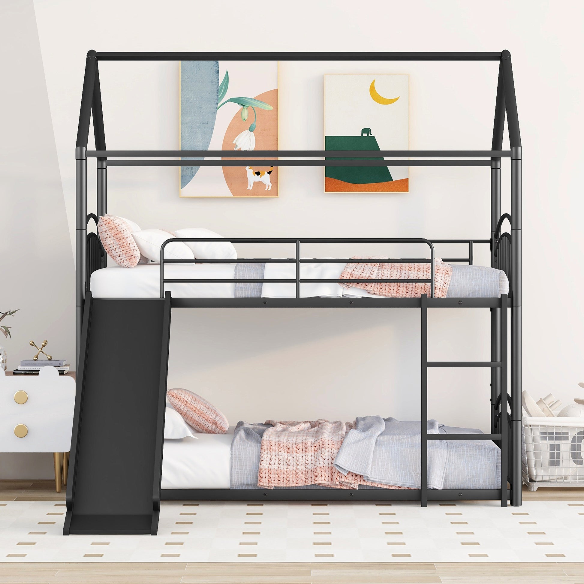 Twin Over Twin Metal Bunk Bed With Slide,Kids House Bed Black Black Metal