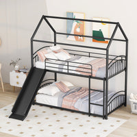 Twin Over Twin Metal Bunk Bed With Slide,Kids House Bed Black Black Metal