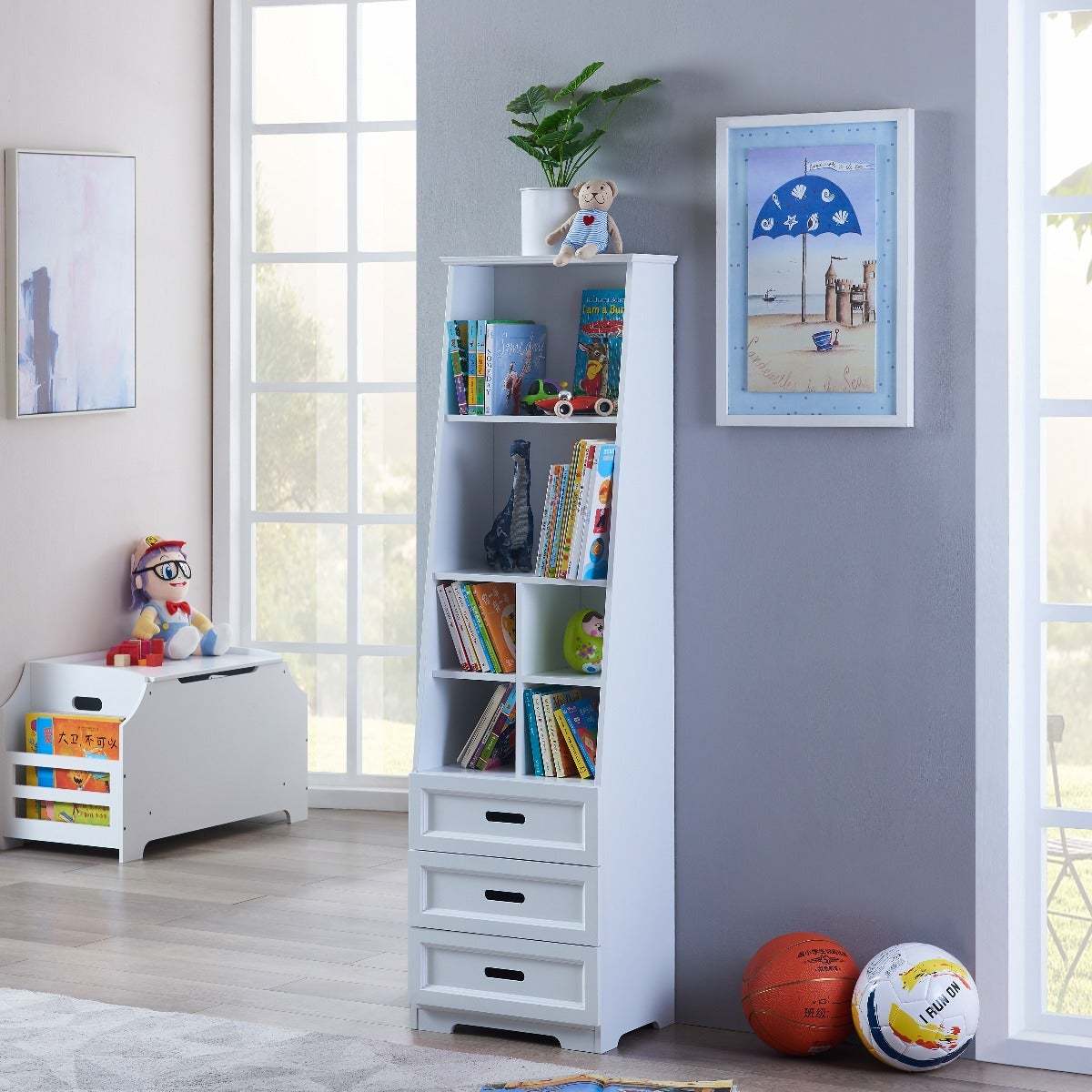 White Bookcase Book Shelf Storage Unit With Book Display Organizer Drawers Classic White Color White Mdf