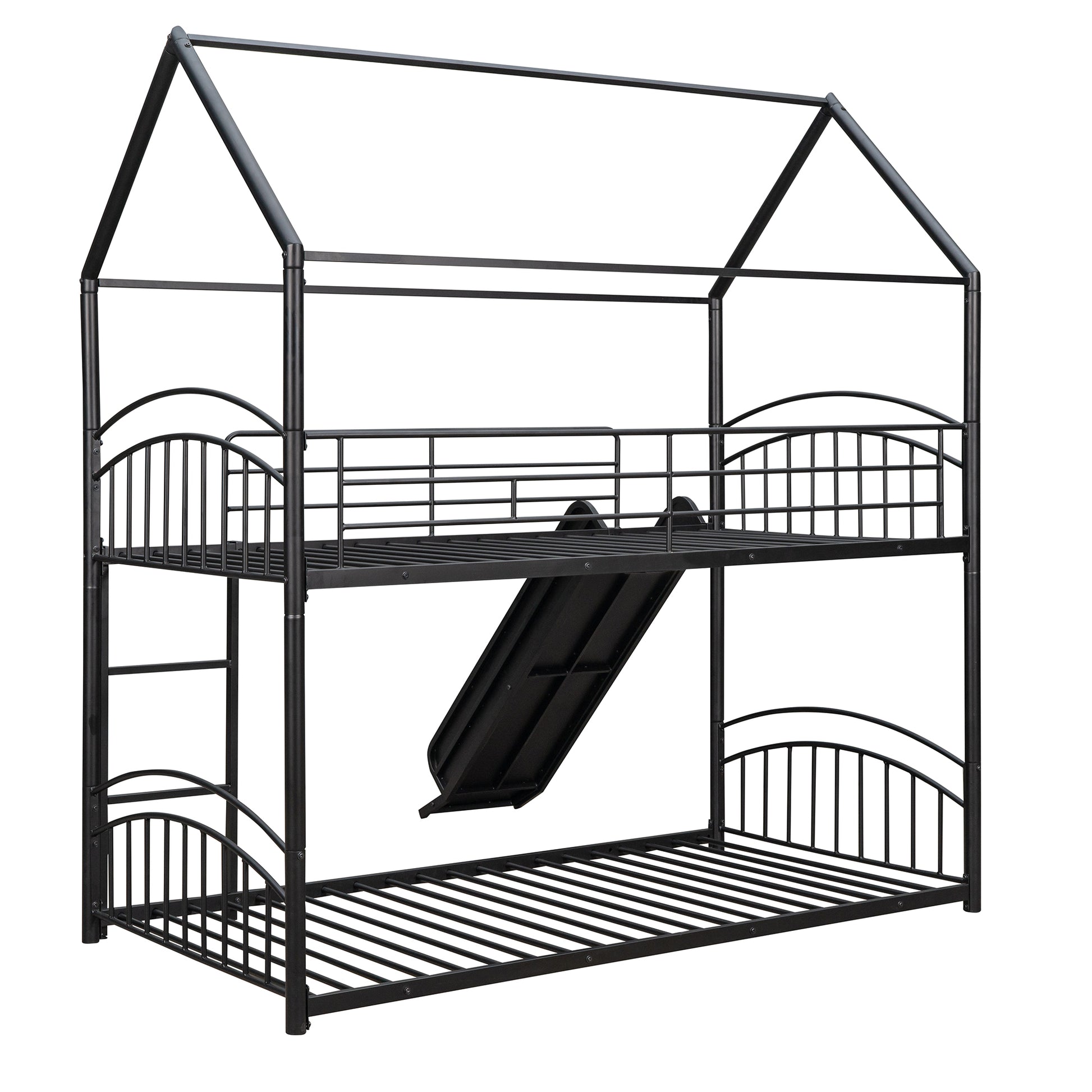 Twin Over Twin Metal Bunk Bed With Slide,Kids House Bed Black Black Metal