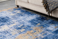 Zara Collection Abstract Design Blue Gold Machine Washable Super Soft Area Rug Multicolor Polyester