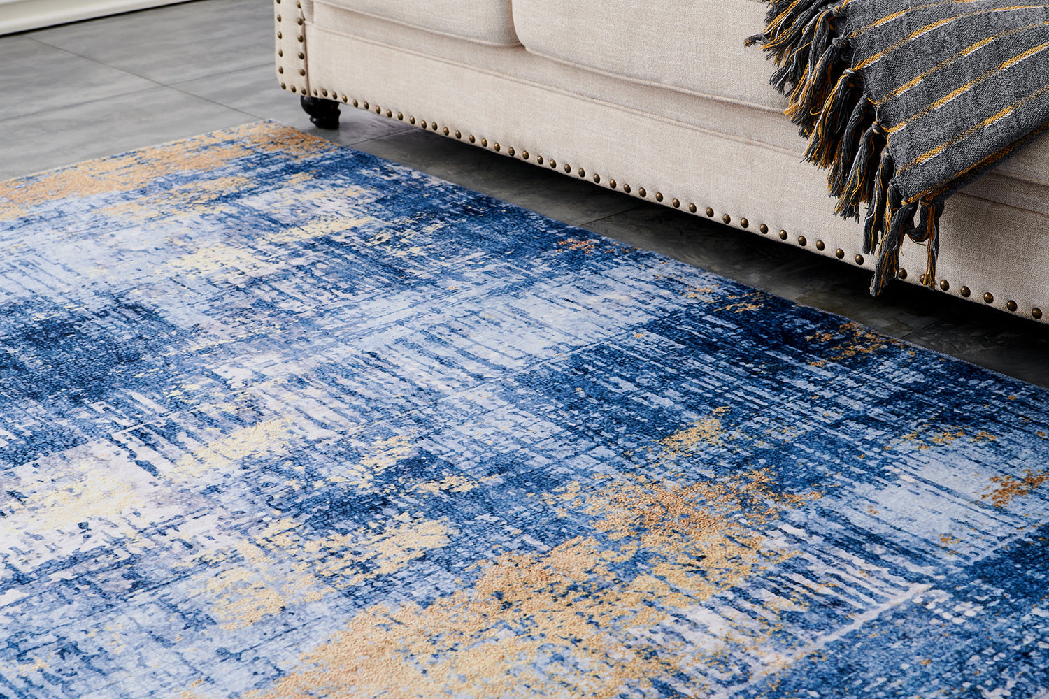 Zara Collection Abstract Design Blue Gold Machine Washable Super Soft Area Rug Multicolor Polyester