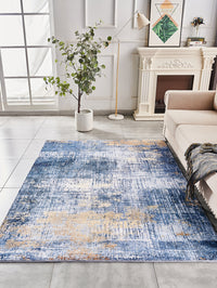 Zara Collection Abstract Design Blue Gold Machine Washable Super Soft Area Rug Multicolor Polyester