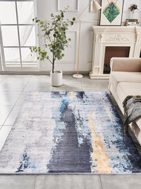 Zara Collection Abstract Design Gray Blue Yellow Machine Washable Super Soft Area Rug Multicolor Polyester