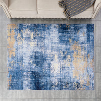 Zara Collection Abstract Design Blue Gold Machine Washable Super Soft Area Rug Multicolor Polyester