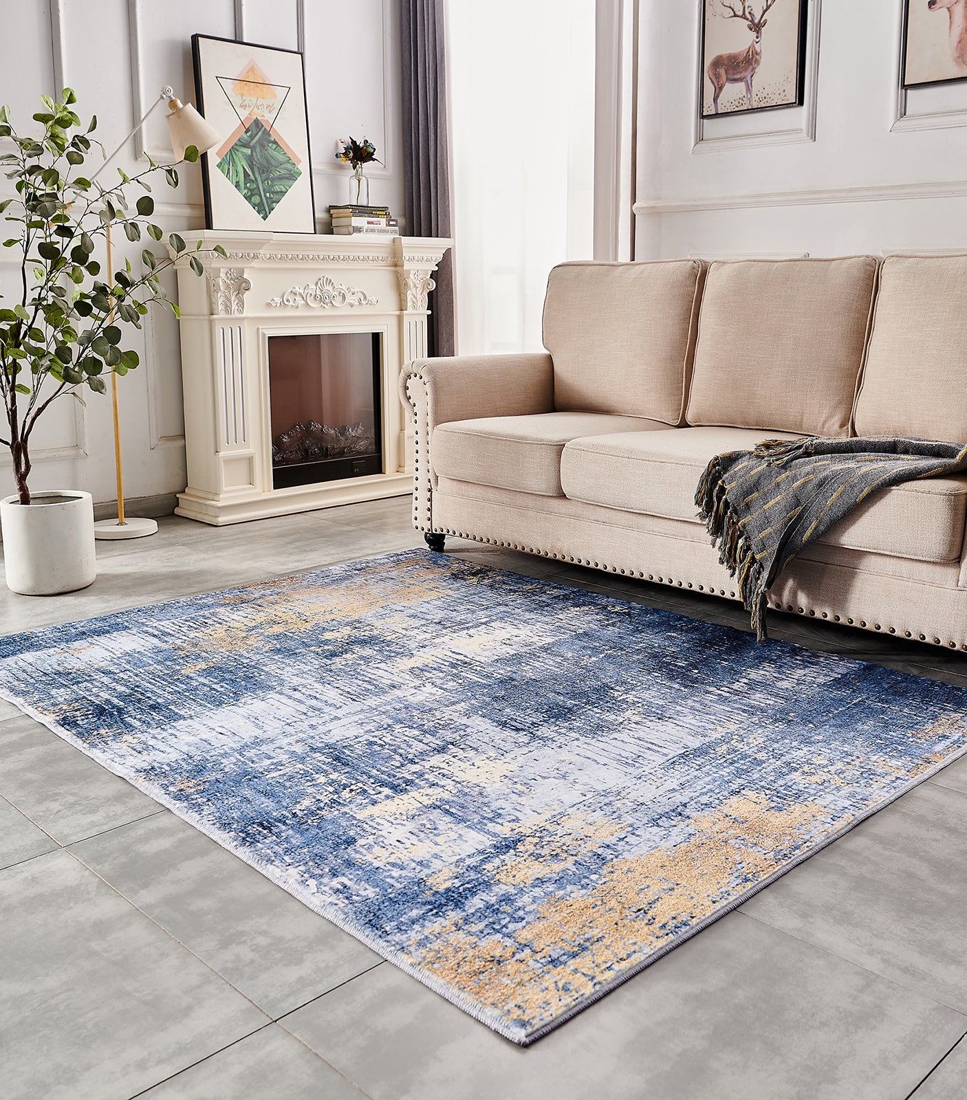 Zara Collection Abstract Design Blue Gold Machine Washable Super Soft Area Rug Multicolor Polyester