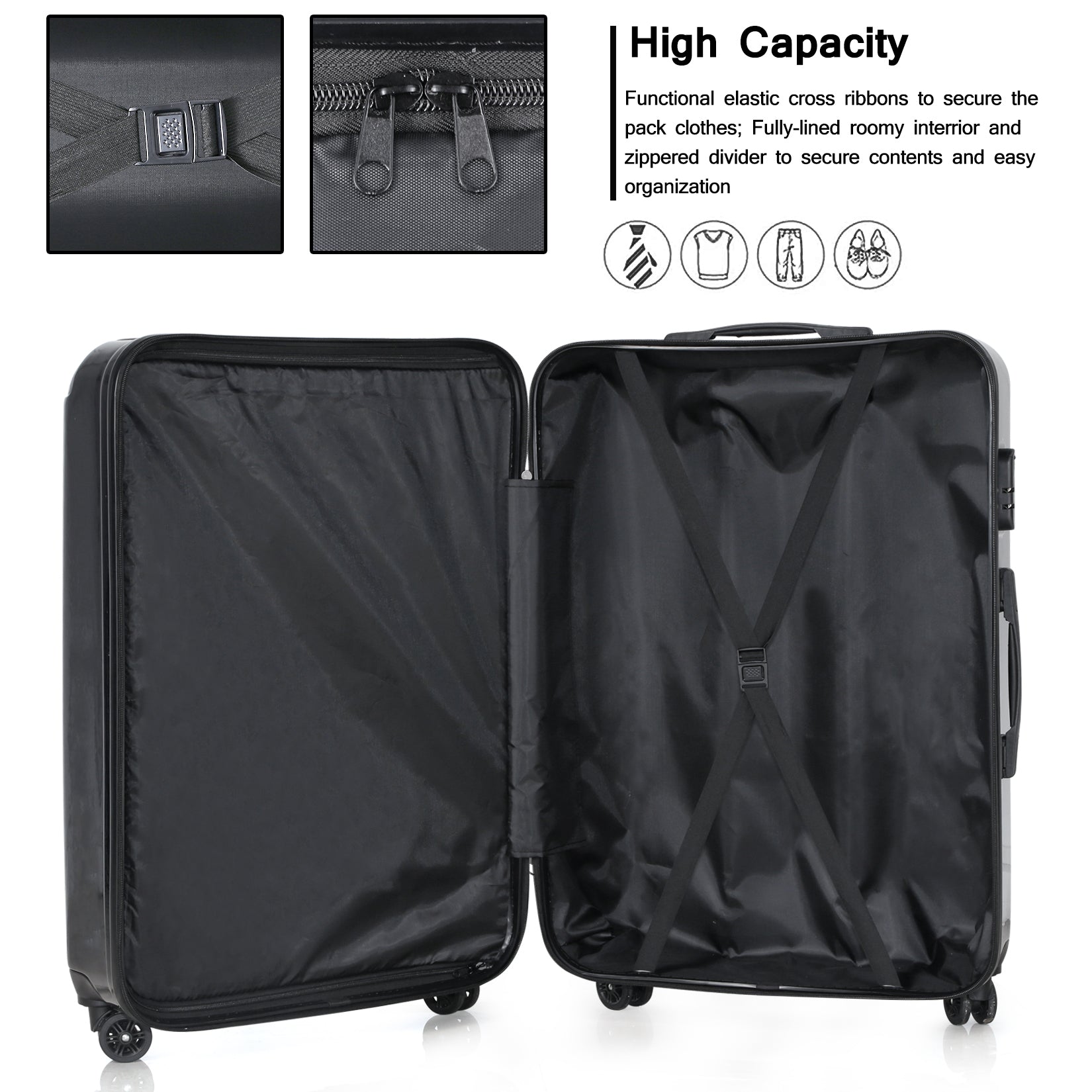 Miibox 3 Piece Set Abs Pc Material Spinner Wheel Luggage Carrier Easy Portable, Black Black Abs Pc