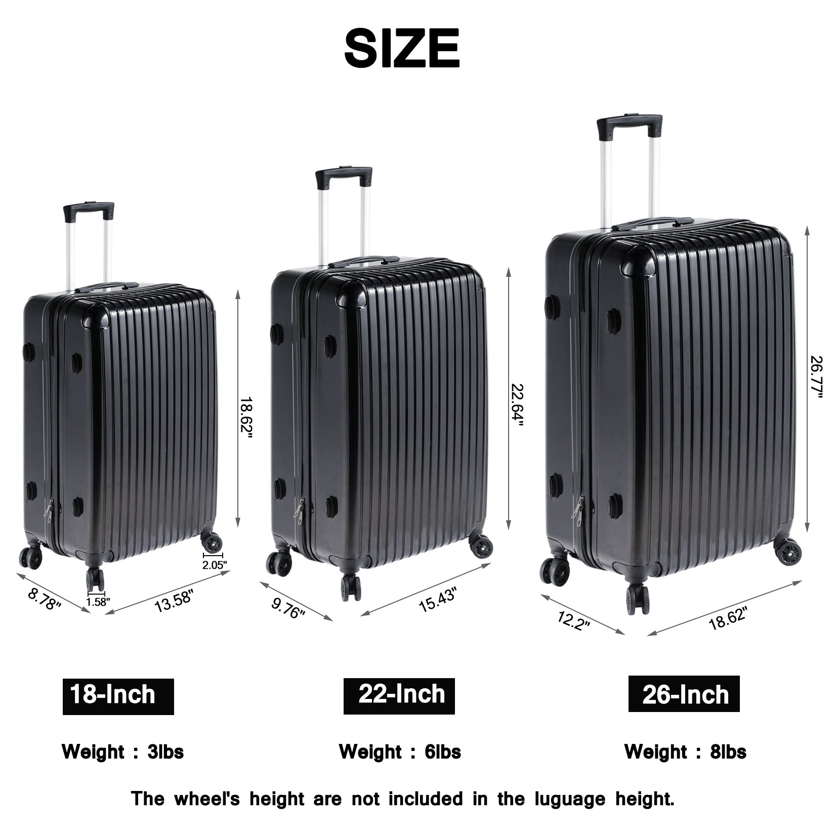 Miibox 3 Piece Set Abs Pc Material Spinner Wheel Luggage Carrier Easy Portable, Black Black Abs Pc