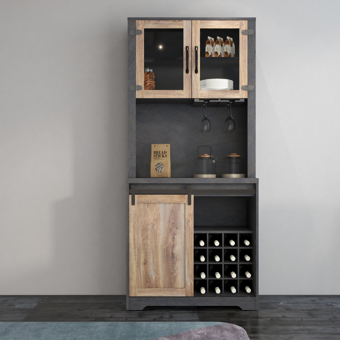 31 Inch Farmhouse Barn Door Bar Cabinet For Living Room, Dining Room Dark Grey Particle Board