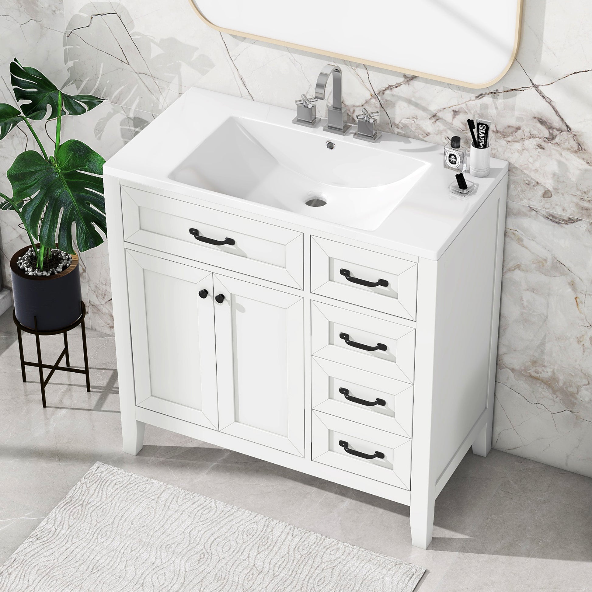 36" Bathroom Vanity With Sink Combo, White Bathroom Cabinet With Drawers, Solid Frame And Mdf Board White Solid Wood Mdf