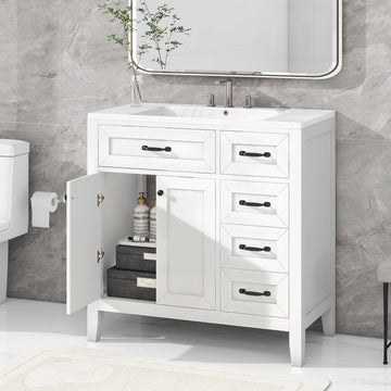 36" Bathroom Vanity With Sink Combo, White Bathroom Cabinet With Drawers, Solid Frame And Mdf Board White Solid Wood Mdf