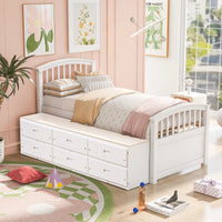 Twin Size Platform Storage Bed Solid Wood Bed With 6 Drawers,White Twin White Solid Wood