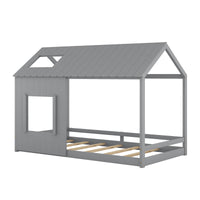 Twin Size House Bed With Roof And Window Gray Grey Mdf