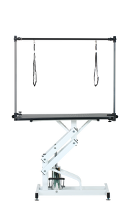 43 Inch Adjustable Heavy Type Hydraulic Pet Dog Grooming Table Upgraded Professional Drying Table Heavy Duty Frame With Adjustable Arm And Noose Black White Carbon Steel