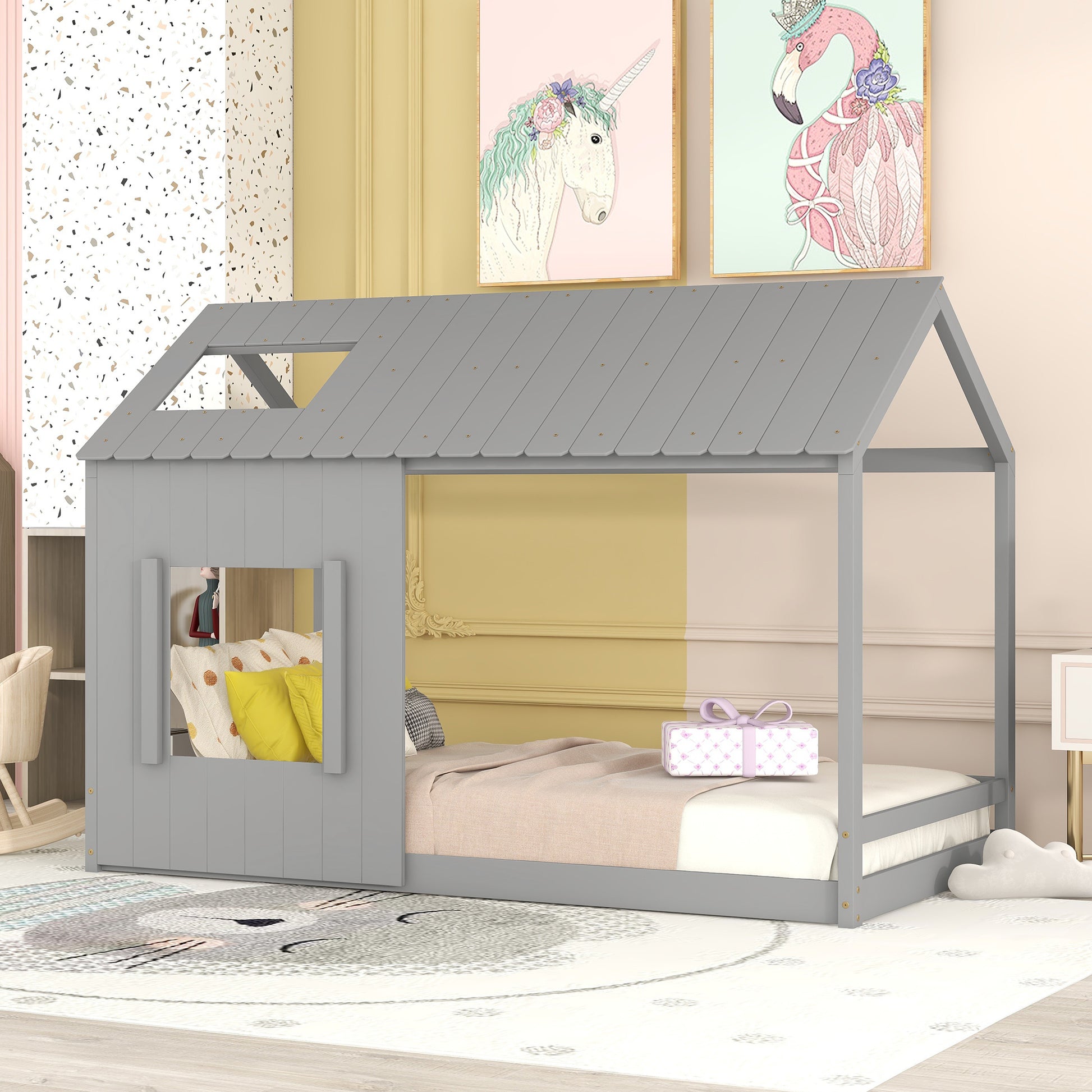 Twin Size House Bed With Roof And Window Gray Grey Mdf