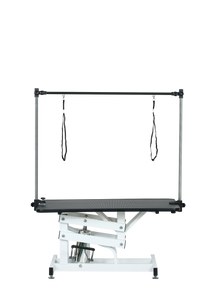 43 Inch Adjustable Heavy Type Hydraulic Pet Dog Grooming Table Upgraded Professional Drying Table Heavy Duty Frame With Adjustable Arm And Noose Black White Carbon Steel