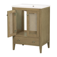 24" Bathroom Vanity With Ceramic Basin, Rattan Bathroom Storage Cabinet With Two Doors And Drawer, Solid Frame, Natural Old Sku: Jl000008Aad Natural Solid Wood Mdf