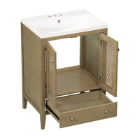 24" Bathroom Vanity With Ceramic Basin, Rattan Bathroom Storage Cabinet With Two Doors And Drawer, Solid Frame, Natural Old Sku: Jl000008Aad Natural Solid Wood Mdf