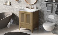 24" Bathroom Vanity With Ceramic Basin, Rattan Bathroom Storage Cabinet With Two Doors And Drawer, Solid Frame, Natural Old Sku: Jl000008Aad Natural Solid Wood Mdf