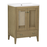 24" Bathroom Vanity With Ceramic Basin, Rattan Bathroom Storage Cabinet With Two Doors And Drawer, Solid Frame, Natural Old Sku: Jl000008Aad Natural Solid Wood Mdf