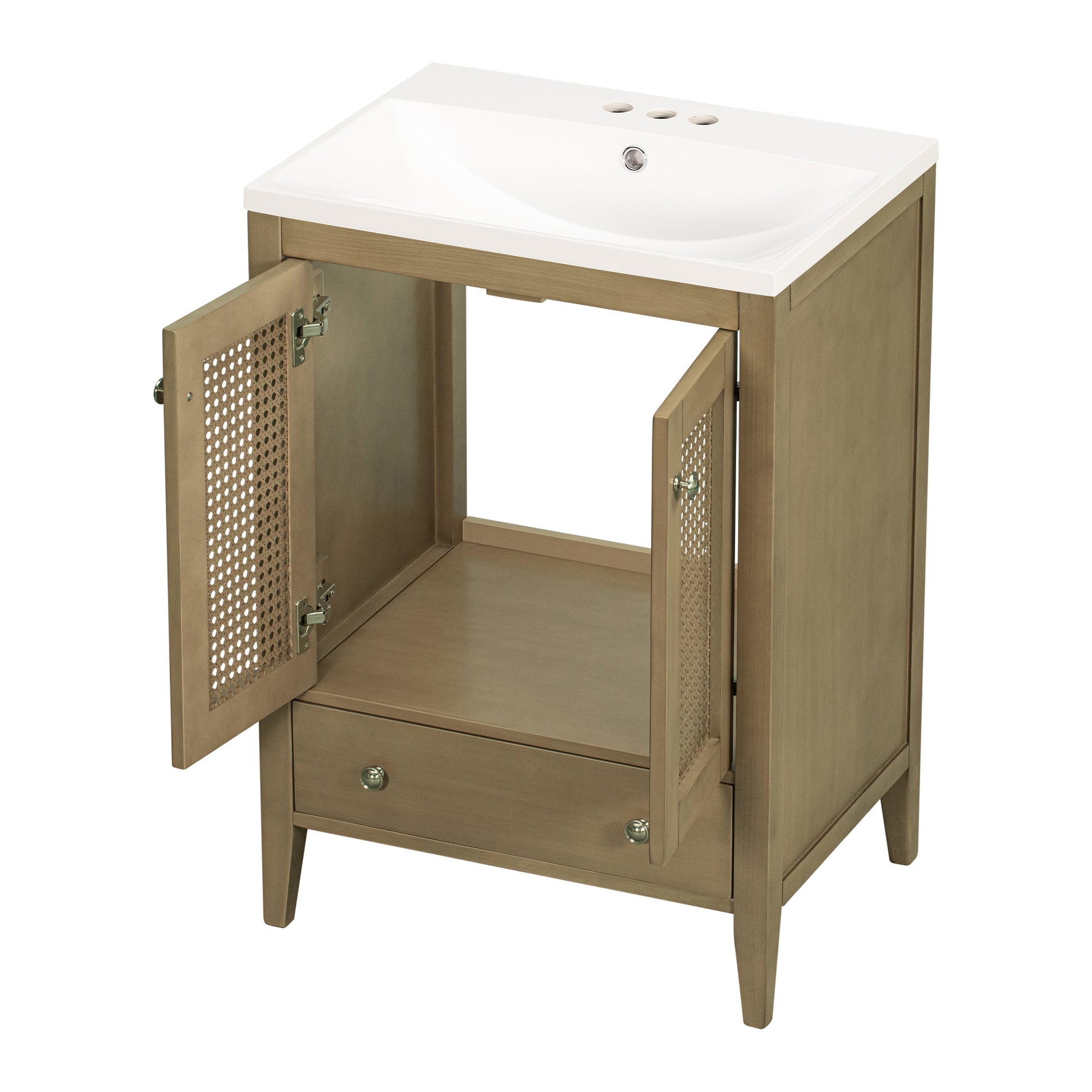 24" Bathroom Vanity With Ceramic Basin, Rattan Bathroom Storage Cabinet With Two Doors And Drawer, Solid Frame, Natural Old Sku: Jl000008Aad Natural Solid Wood Mdf