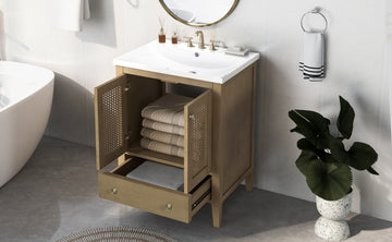 24" Bathroom Vanity With Ceramic Basin, Rattan Bathroom Storage Cabinet With Two Doors And Drawer, Solid Frame, Natural Old Sku: Jl000008Aad Natural Solid Wood Mdf