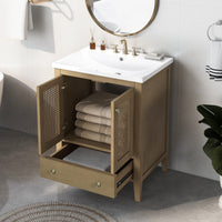 24" Bathroom Vanity With Ceramic Basin, Rattan Bathroom Storage Cabinet With Two Doors And Drawer, Solid Frame, Natural Old Sku: Jl000008Aad Natural Solid Wood Mdf