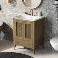 24" Bathroom Vanity With Ceramic Basin, Rattan Bathroom Storage Cabinet With Two Doors And Drawer, Solid Frame, Natural Old Sku: Jl000008Aad Natural Solid Wood Mdf