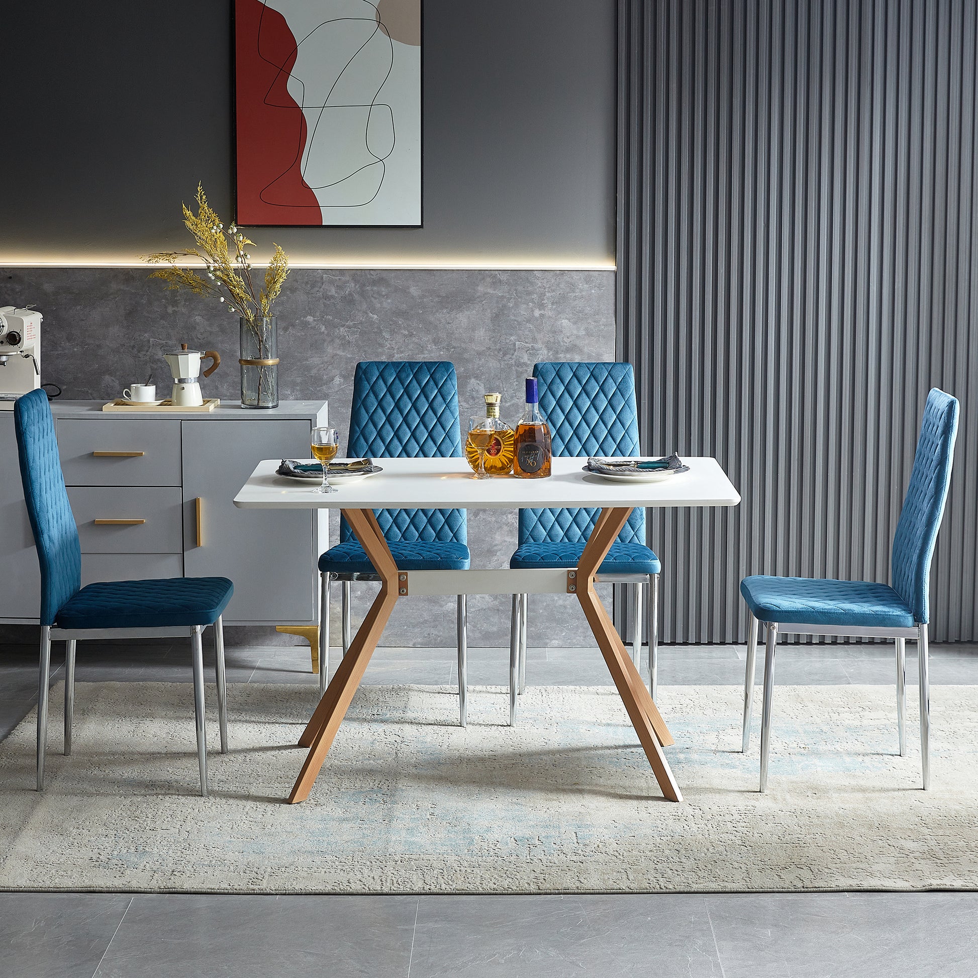 Light Blue Modern Simple Style Dining Chair Leather Chrome Metal Pipe Diamond Grid Pattern Restaurant Home Conference Chair Set Of 4 Light Blue Fabric