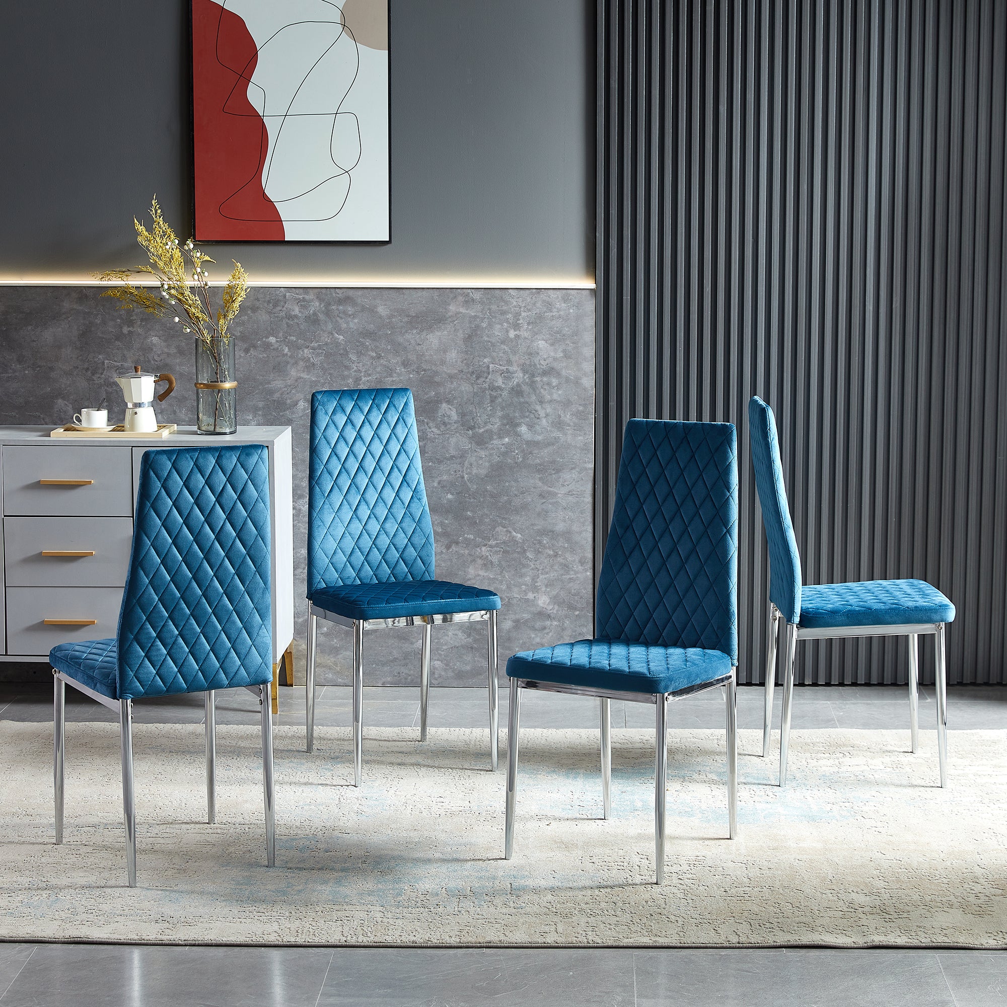 Light Blue Modern Simple Style Dining Chair Leather Chrome Metal Pipe Diamond Grid Pattern Restaurant Home Conference Chair Set Of 4 Light Blue Fabric