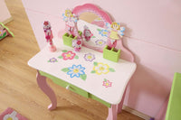 Layla Girls Flower Vanity Set With Stool Green Mdf